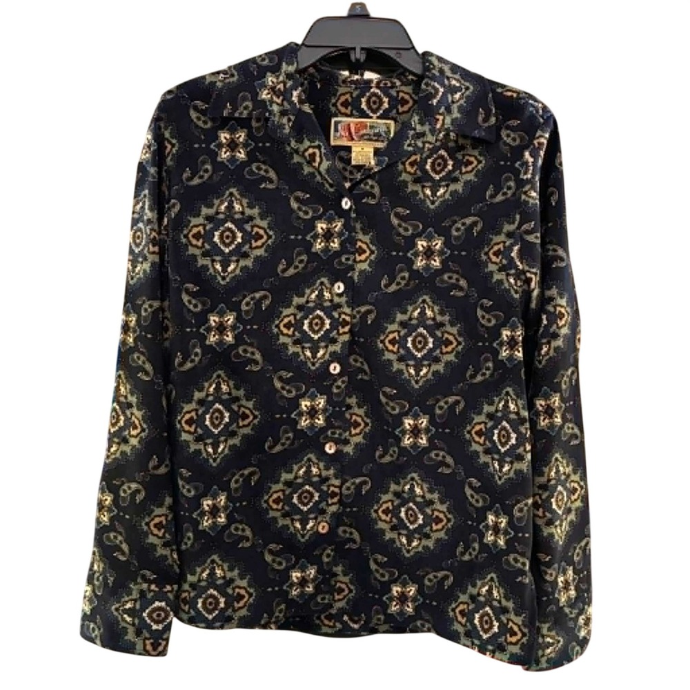 La Cabana Shirt Womens M Navy Green Paisley Medallion Stretch Boho Artsy
